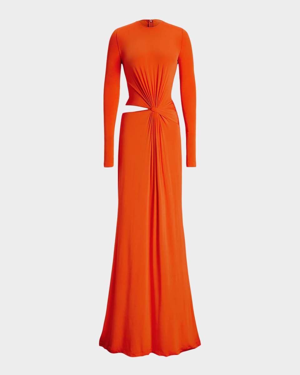 Twist-Front Long-Sleeve Evening Dress